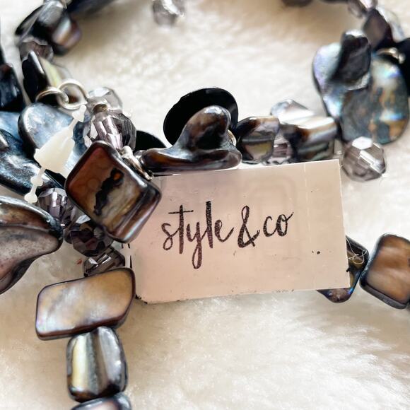 Style & Co Three Row Abalone Shell Stretch Bracelets Blue Silver New - Picture 9 of 11